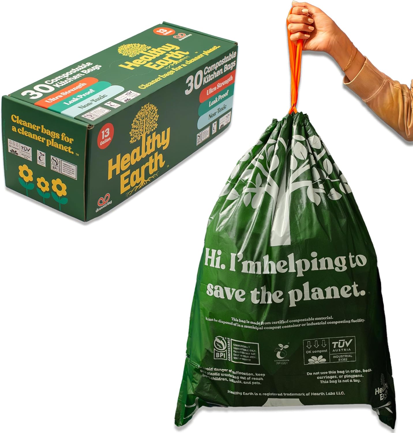 Healthy Earth 13 Gallon Compostable Trash Bags – Tall Kitchen Garbage Bags with Drawstring Handles, Extra Thick Plant-Based Liners, BPI & TÜV Certified ASTM D6400, Heavy Duty Leak-Proof (30 Count)