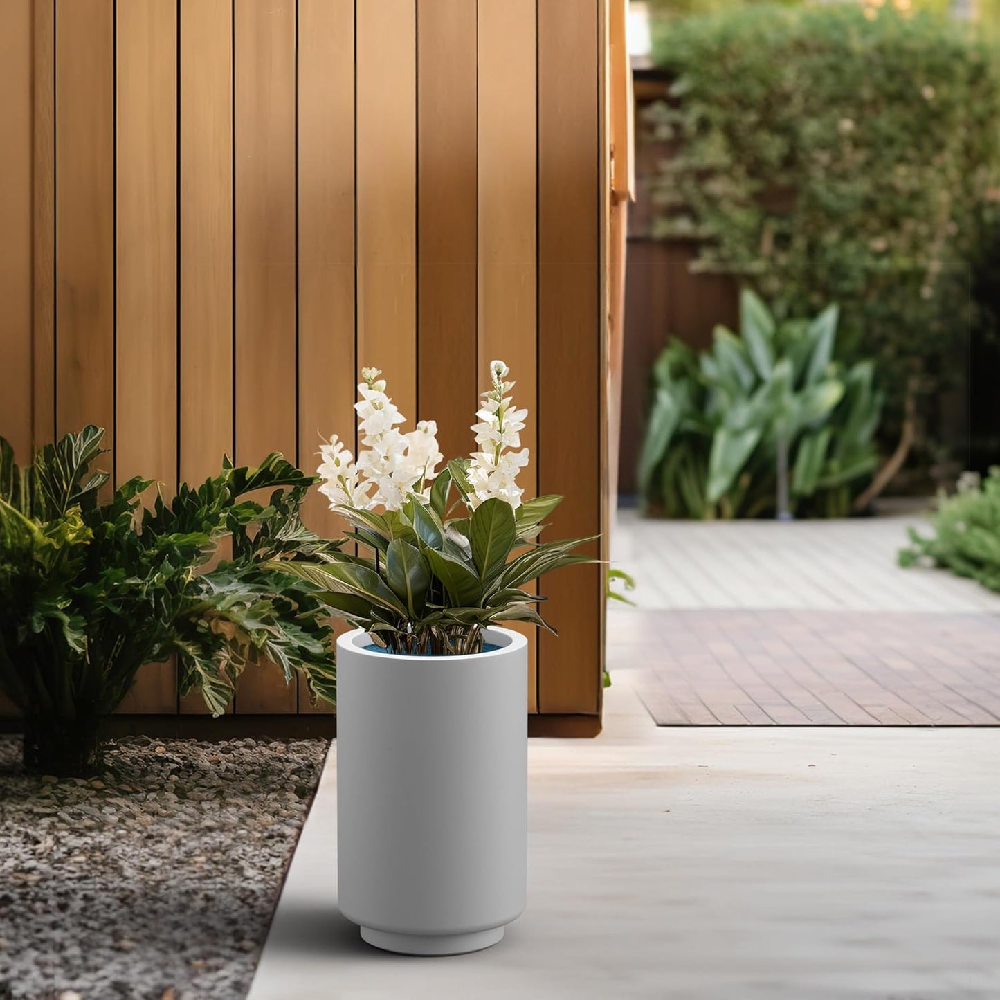 Kante 15.7 Inch Tall Concrete Planter, Round Pedestal Design Garden Pot for Indoor Outdoor Plants, Modern Garden Pot with Drainage Hole, White Finish with Aqua Blue Interior