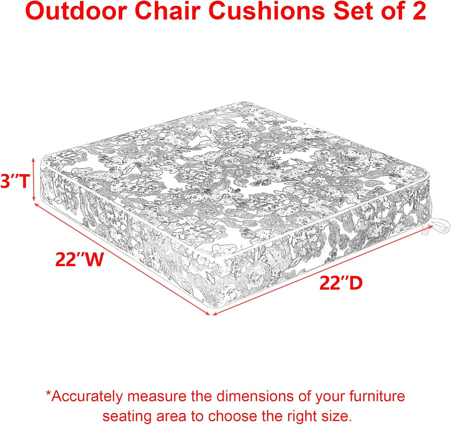 Favoyard Outdoor Chair Cushion 22 x 22 x 3 In Waterproof Pattern Fade Resistant Cushions for Patio Furniture with Removable Cover Attach Straps 28D Foam Insert Cushions Pads for Seat Sofa Couch 2 Pack