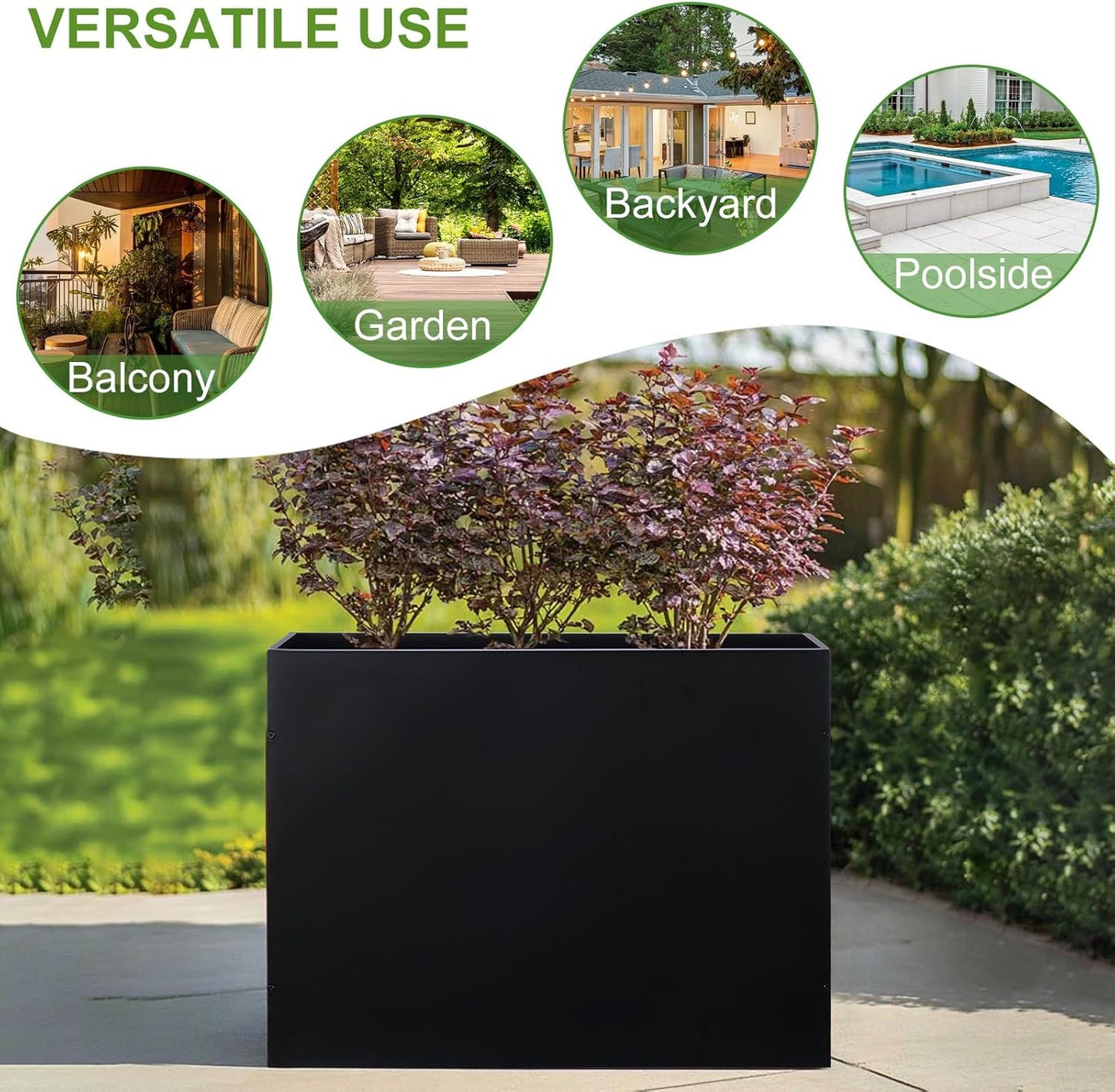 Metal Rectangular Planter Box Tall Planters for Outdoor Plants Modern Heavy Duty with Drainage Holes for Outside Indoor Patio Deck - Black, 32”x 12”x 24”