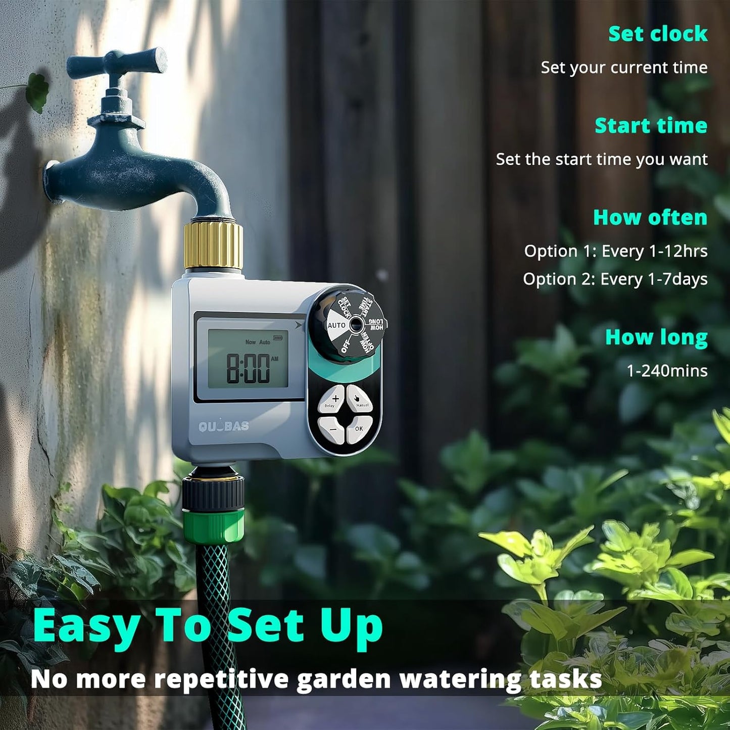 [2 Pack] QUOBAS Digital Water Timer, Programmable Sprinkler Controller, Large LCD Display, Auto/Manual/Delay Modes, for Garden Hose Watering and Drip Irrigation System