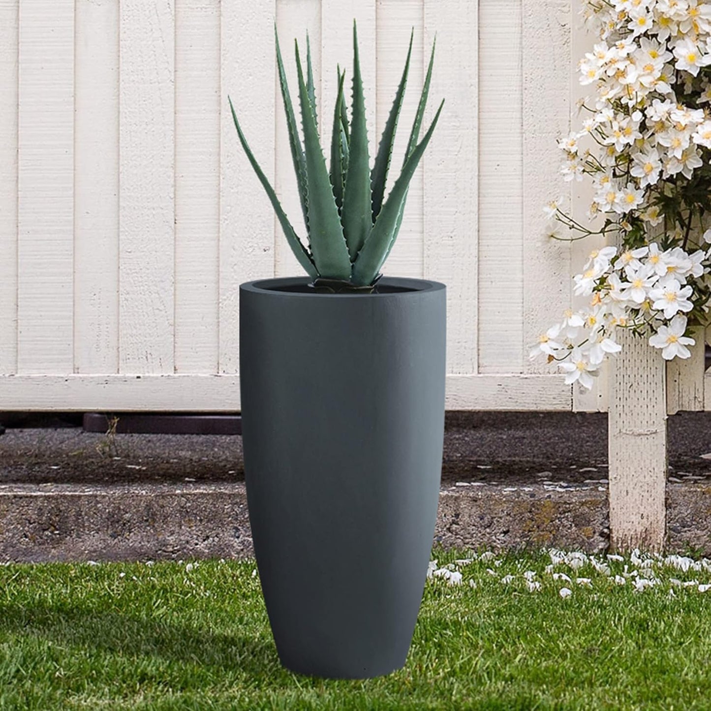 Kante 23.6" H Charcoal Finish Concrete Tall Planters Large Outdoor Indoor Decorative Plant Pots with Drainage Hole and Rubber Plug, Modern Tapered Style for Home and Garden