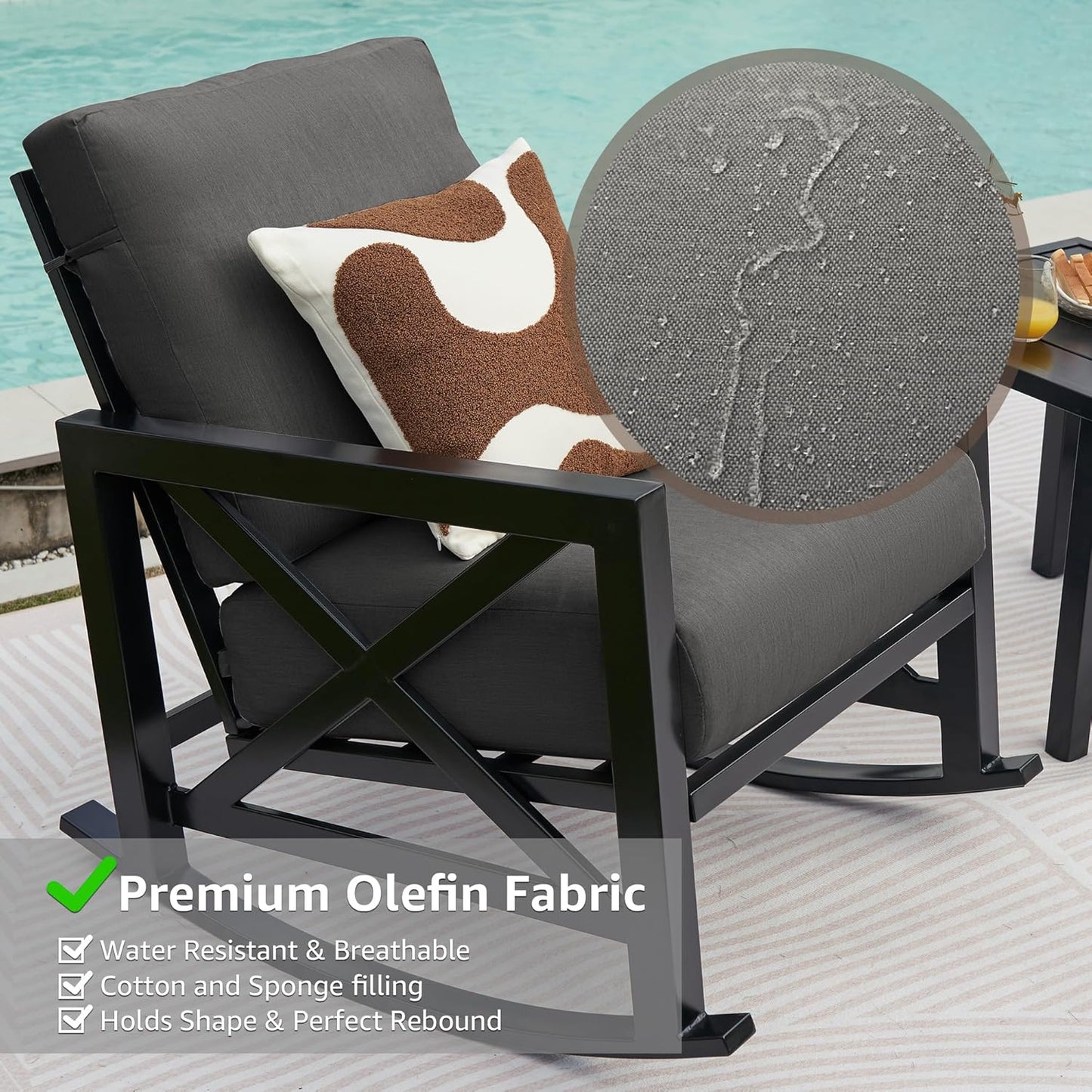 NATURAL EXPRESSIONS Patio Rocking Bistro Set, 3 Piece Outdoor Conversation Furniture Set with 2 Rockers and 1 Metal Coffee Table with Thick Cushions,2 Pack Patio Chair Covers Included