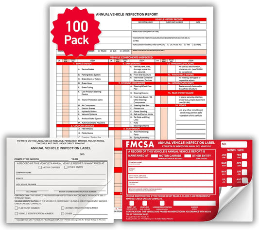 100 Pack 3-Ply Carbonless Annual Vehicle Inspection Report Forms with FMCSA Red Aluminum Labels & White Mylar Laminate Vinyl Labels, DOT Inspection Forms and Stickers, Shrink-Wrapped, 8.5" x 11.75"