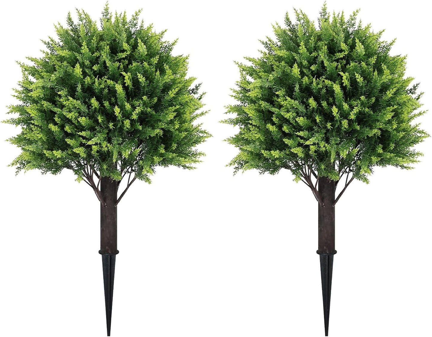 24" Artificial Cedar Topiary Ball Bushes, Set of 2 UV Resistant Fake Trees Outdoor Shrubs with Ground Spike, Weatherproof Faux Plants for Planter, Front Porch, Garden, Yard, Patio Decor