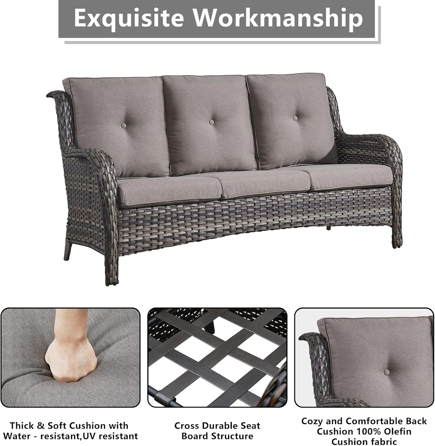 Outdoor Wicker Patio Furniture Set - 6 Piece Rattan Patio Conversation Set with 2 Rocking Swivel Chairs,2 Ottomans,1 Sofa and 1 Side Table for Porch Deck Backyard Garden(Mixed Grey/Grey)