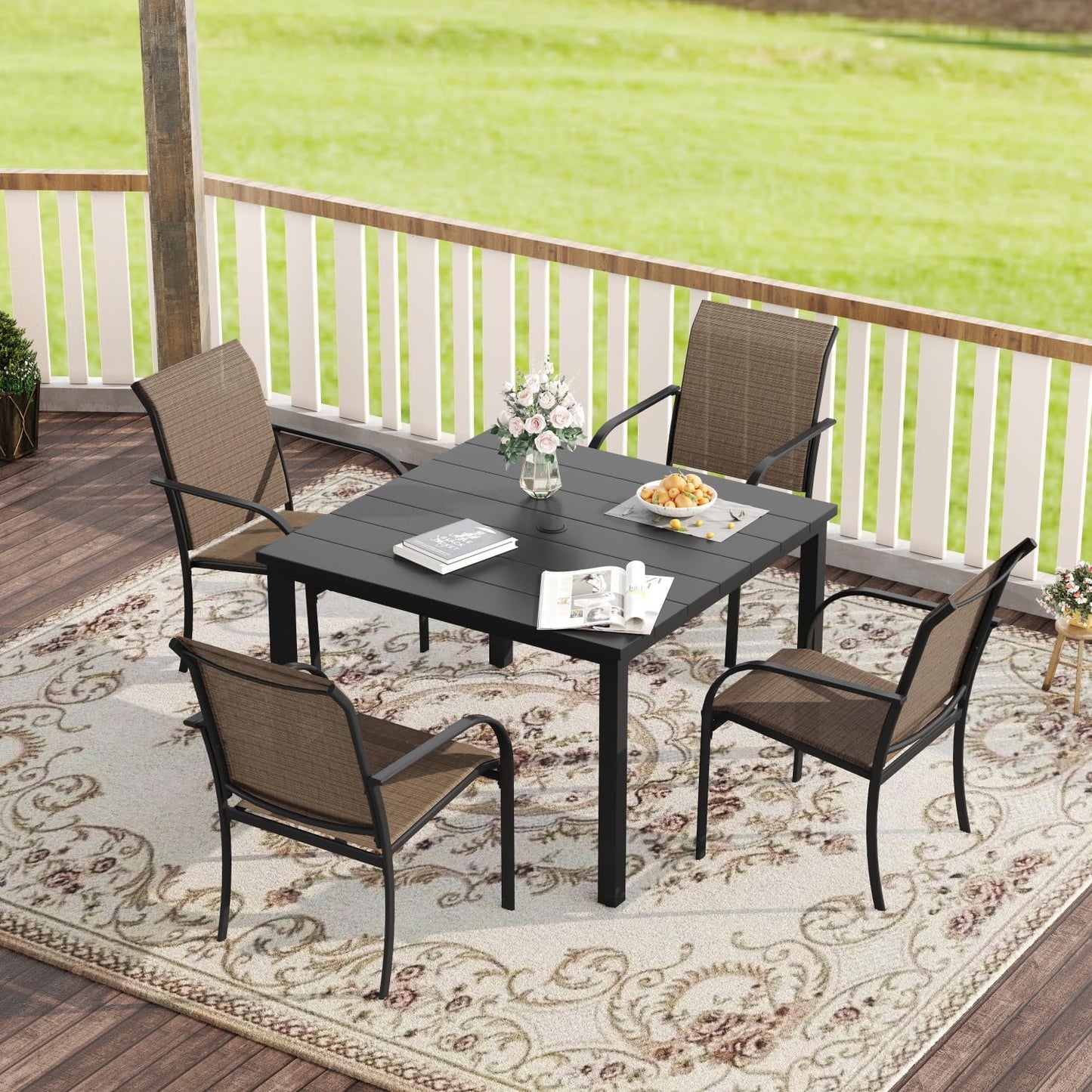 VICLLAX Patio Dining Set for 4, Outdoor Furniture Set Includes 1 Square Patio Table and 4 Stackable Patio Sling Chairs, Patio Table and Chairs for Outsides, Black Table and Brown Chairs