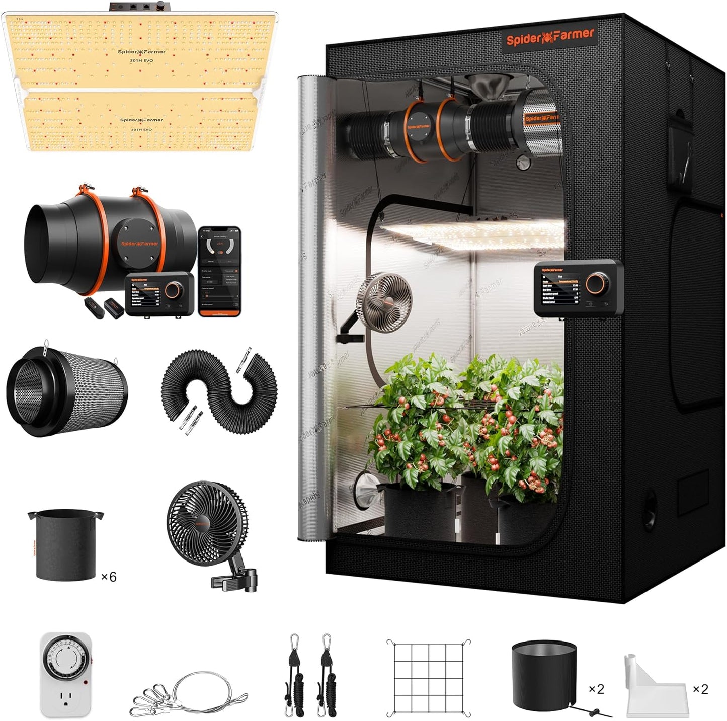 Spider Farmer SF4000 Grow Tent Kit Complete 4x4x6.6ft Samsung LM301H EVO LED Diodes, 450W Grow Light Complete System Grow Tent Set 48"x48"x80" with 6" Ventilation System GGS Smart Controller 2025