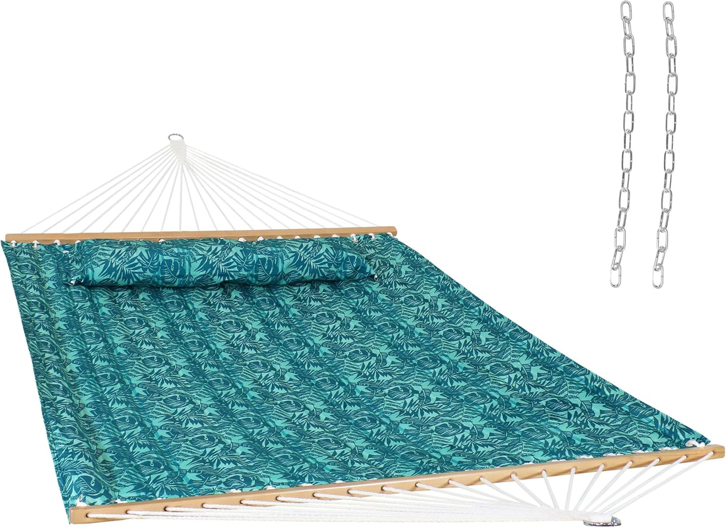 Sunnydaze Quilted Outdoor Hammock with Spreader Bars - Heavy-Duty 450-Pound Capacity Double Hammock for Outside - Cool Blue Tropics