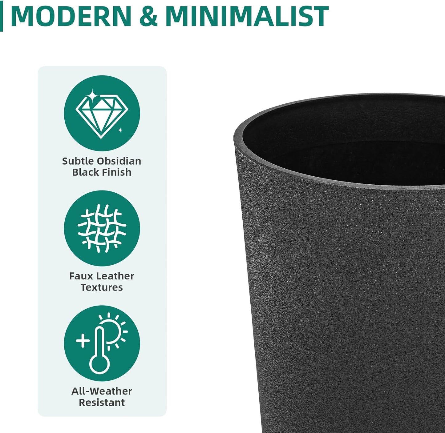 24" Set of 2 Tall Resin Outdoor Planters, Heavy-Duty Resin Flower Pots, Matte Black Leather Grain Finish, Durable & Weather-Resistant, Ideal for Garden, Patio, Yard, Porch, or Indoor Décor