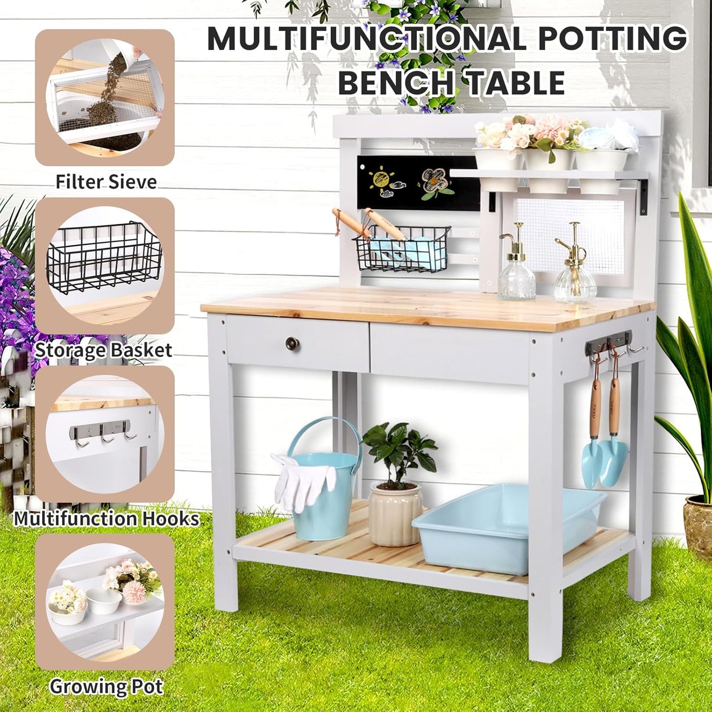 Potting Bench Outdoor Potting Table—All-Weather Kids Solid Wood Garden Work Station with Sink、Drawer、Hooks、3Flower Pots, Weather Proof （White Grey, Large）