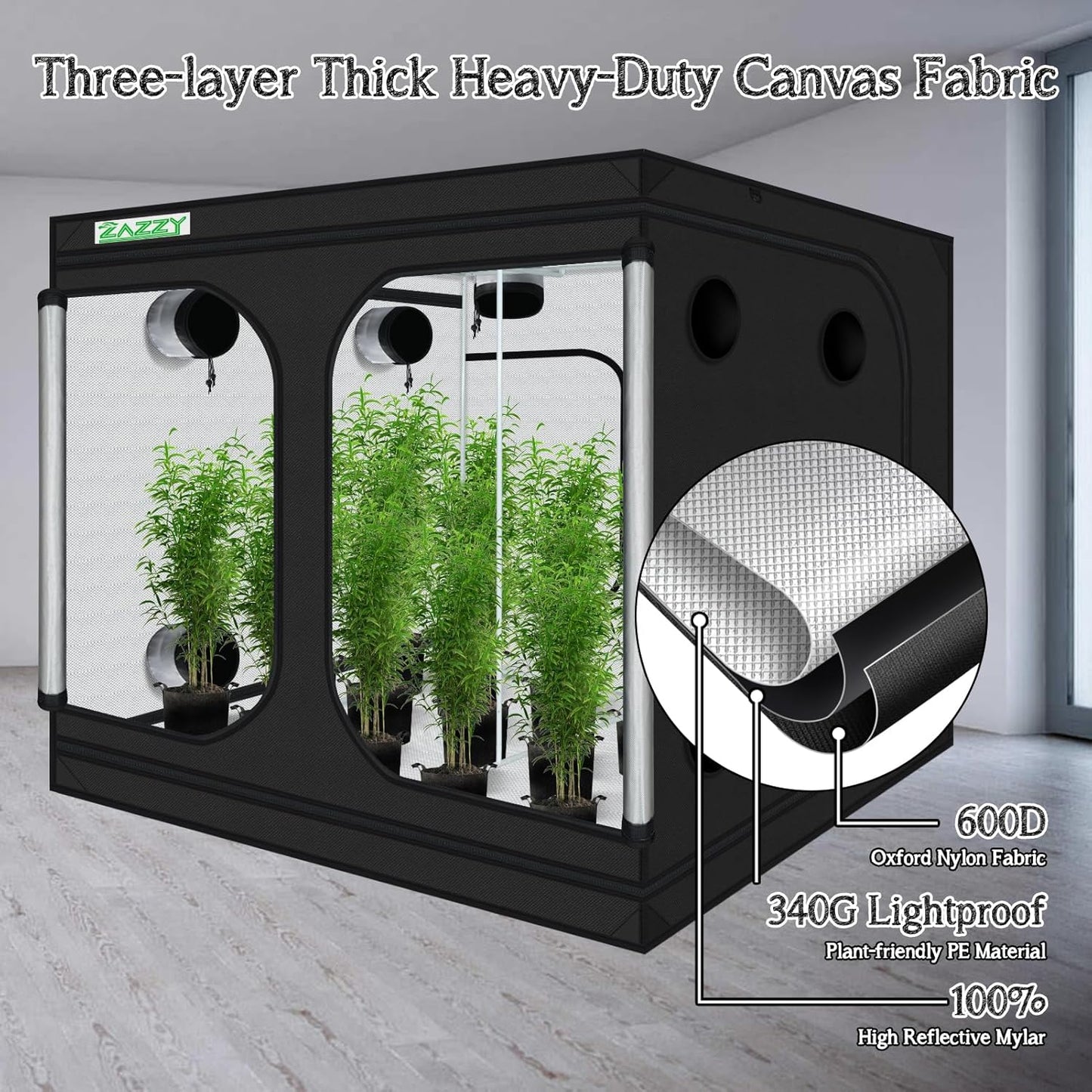 zazzy Large Grow Tent 96"x96"x78", High Reflective Mylar Grow Room with Observation Window, Removable Floor Tray and Tool Bag for Planting Indoor Fruit Flower Veg 8x8
