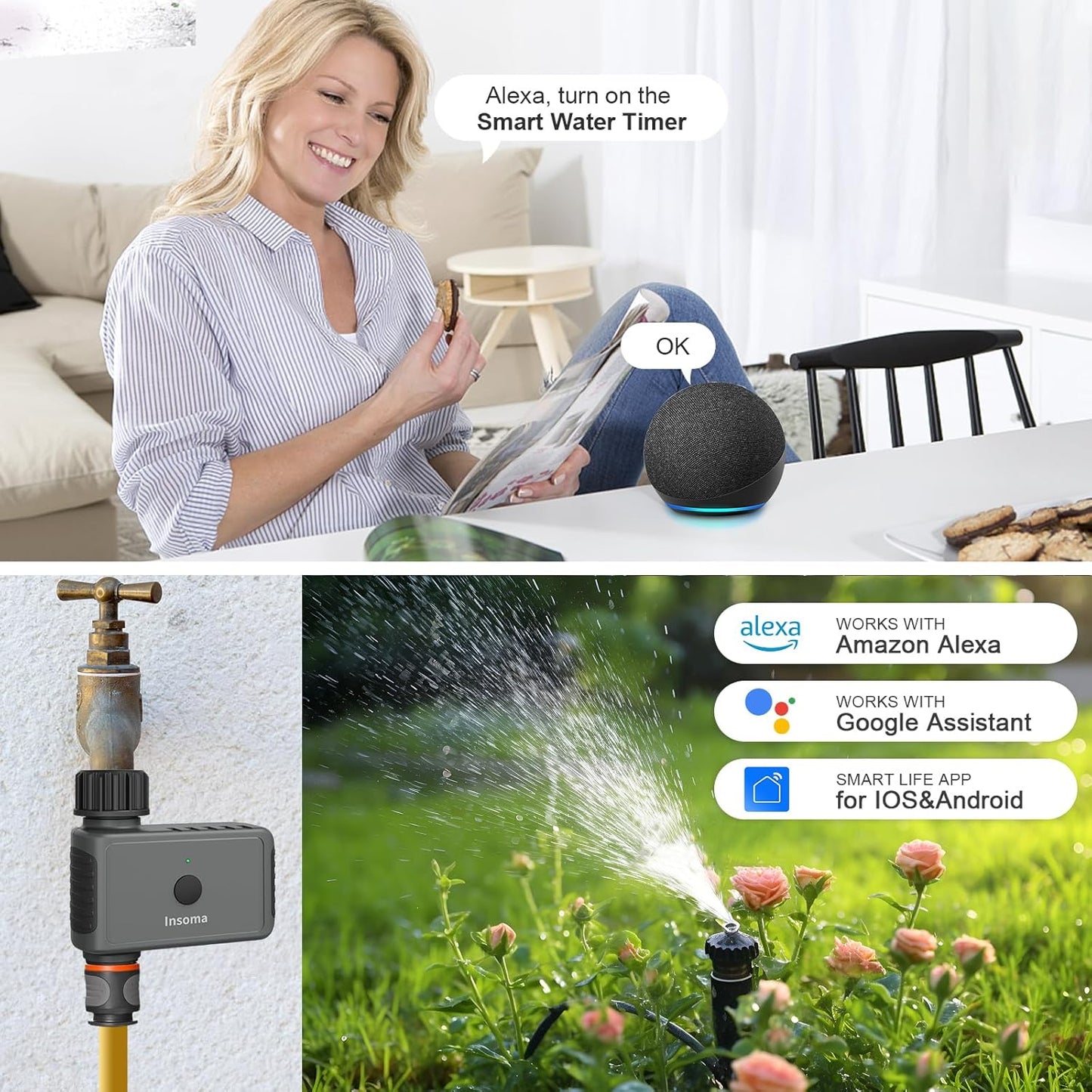 WiFi Sprinkler Timer Water Timer, Smart Hose Faucet Timer, APP & Voice Control, Remote Control Irrigation System via 2.4Ghz WiFi & Bluetooth, Compatible with Alexa