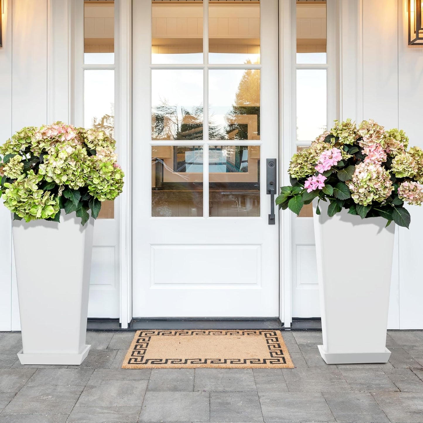 Set of 2 Tall Planters, 24" Large Indoor Outdoor Flower Pots with Tray, Modern Tapered Planters for Porch, Patio, Garden, Backyard(White)