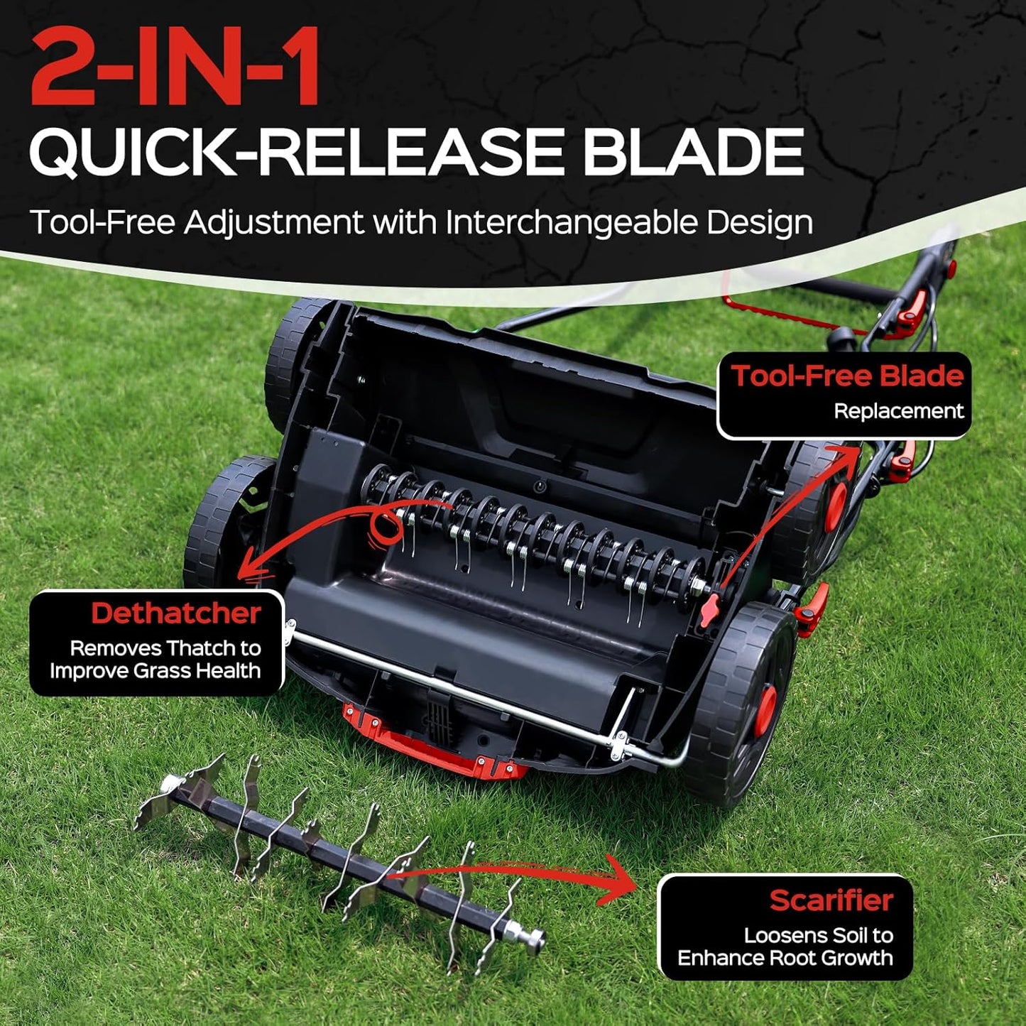 16-Inch 15.5 Amp 2-in-1 Electric Dethatcher and Scarifier with 14.5-Gallon Collection Bag, Lawn Dethatcher with 5-Position Adjustment, Quick-Fold, Keeps Lawn Healthy - Red
