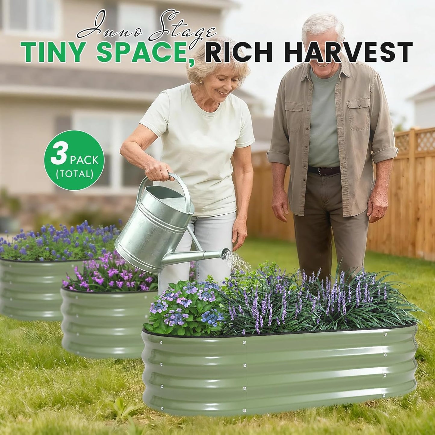 INNO STAGE 3Pcs Galvanized Raised Garden Bed Kit, Outdoor Metal Raised Garden Beds for Vegetables, Rust-Resistant & Easy Assembly, 4x2x1ft Oval Raised beds for Gardening, Flowers, Herbs (Olivergreen)