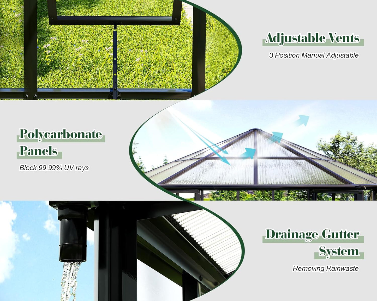 Jocisland 12x10x8 FT Hexagonal Greenhouse for Outdoors, Quick-Connectors, Aluminum Frame with 2 Vents, 2 Swing Doors, and Walk-in Design for Garden or Backyard, Black