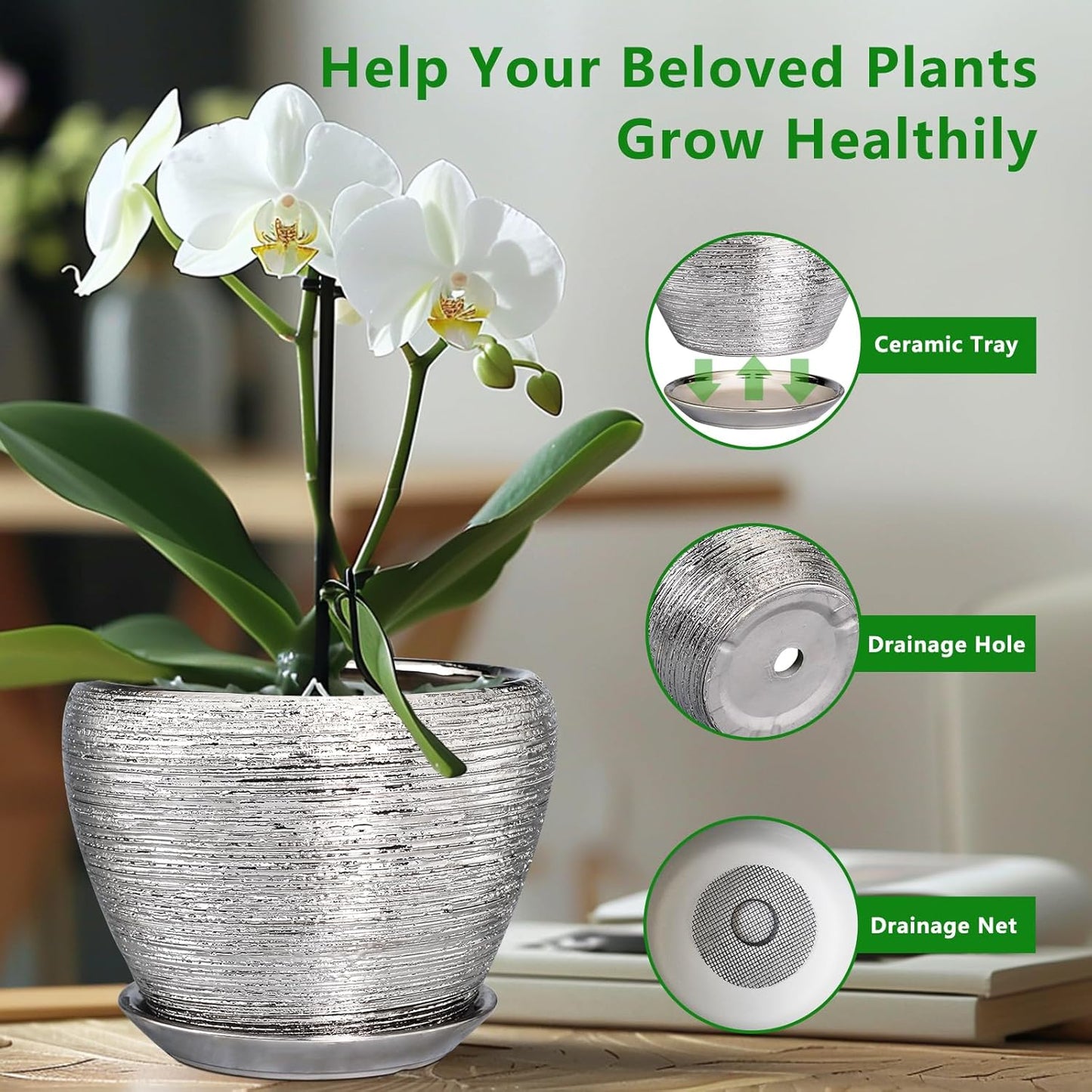 Ceramic Planter - 6 Inch Plant Pot Indoor with Drainage Hole and Saucer Outdoor Pot for Plants Round Decorative Planter Modern Mid-Century Flower Pot for Office Decor Silver