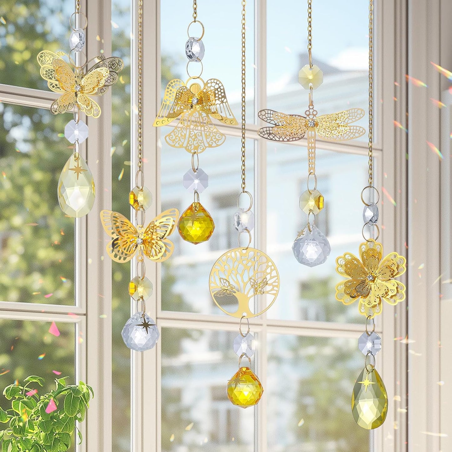 6pcs Yellow Crystal Suncatchers for Window Hanging Ornaments Garden Sun Catchers with Crystals Rainbow Maker Indoor Outdoor Decor