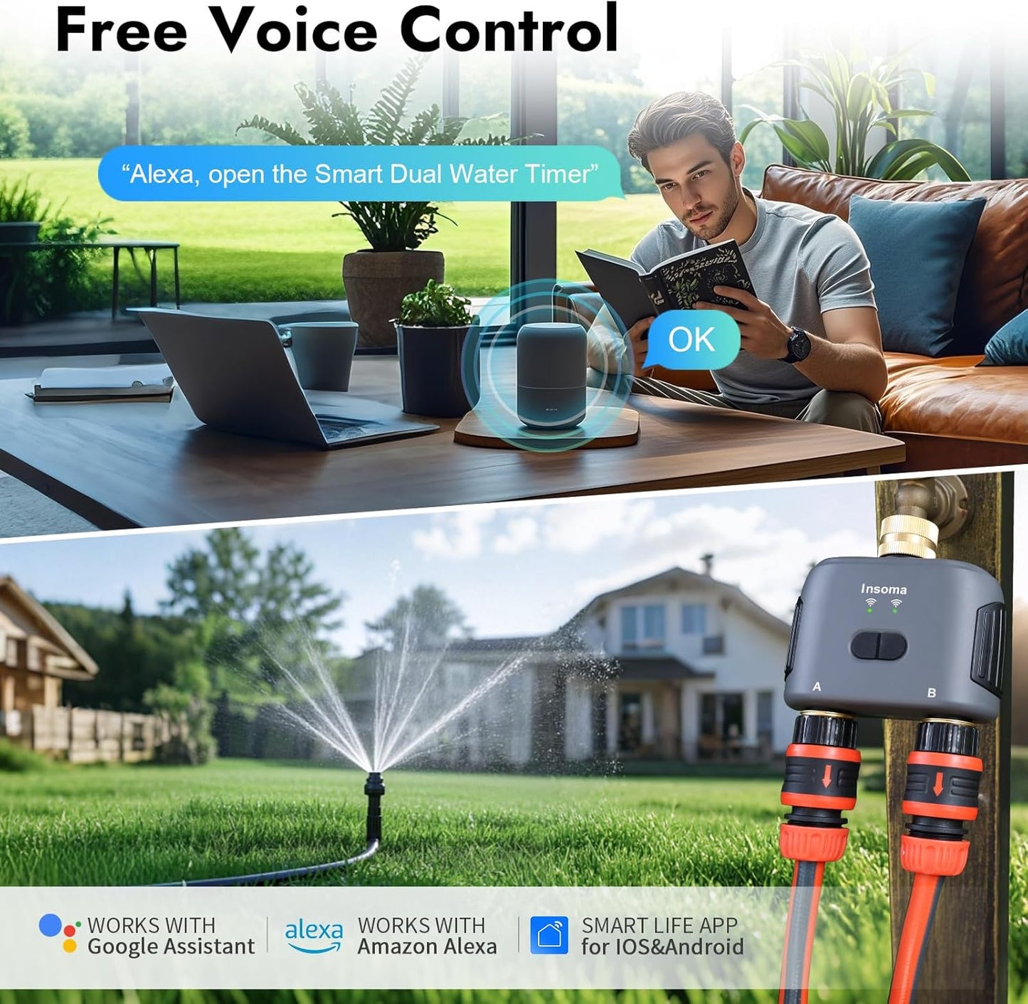 WiFi Water Timer for Garden Hose with Brass Inlet & Outlet,Smart Hose Timer with WiFi Hub, APP & Voice Control,Up to 20 Watering Plans, 2-Zone Sprinkler Drip Irrigation System Controller for Watering