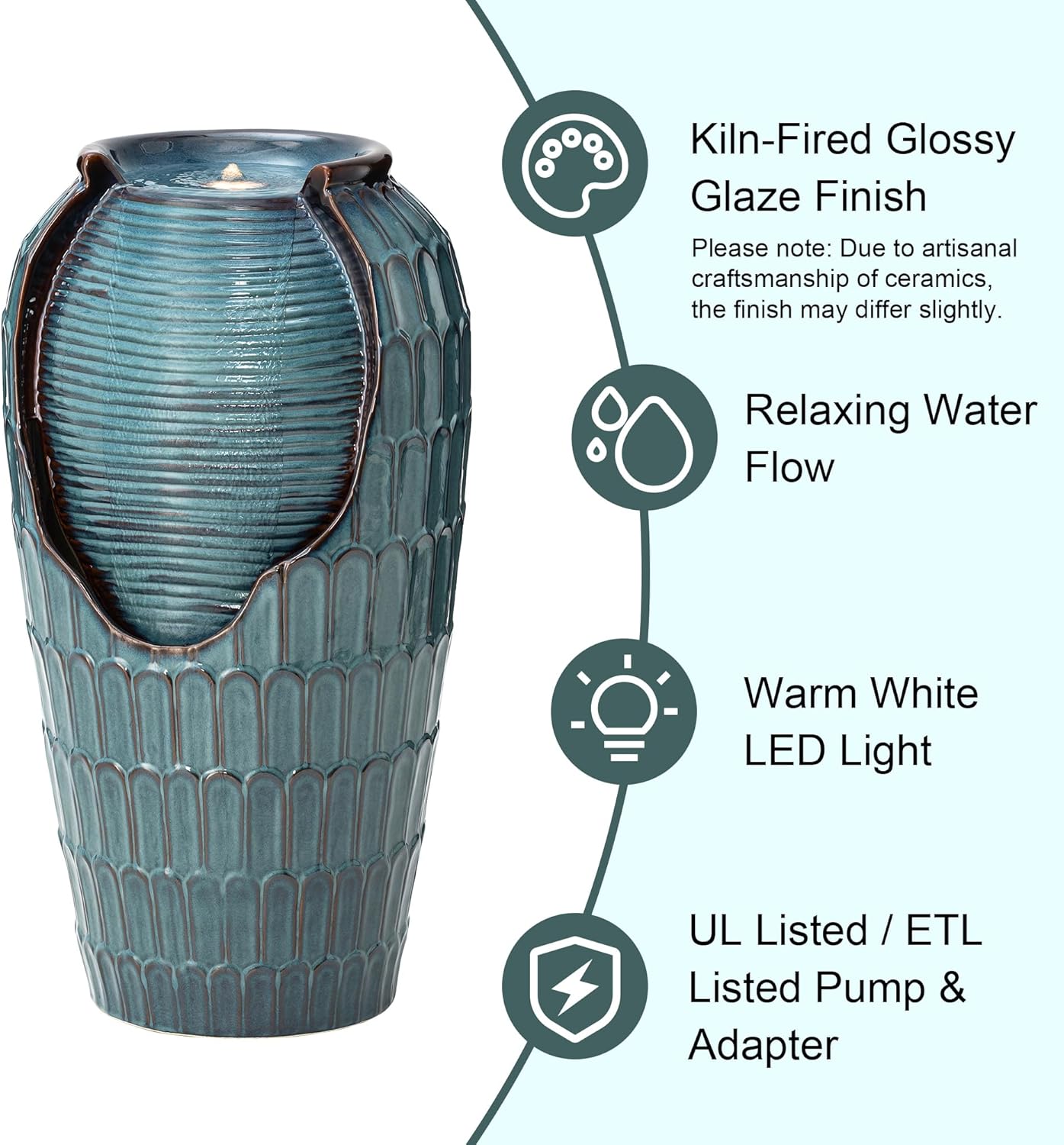 Glitzhome 28.25" H Oversized Ceramic Petals Textured Jar Outdoor Water Fountain, Vintage Turquoise Glaze Vase Patio Garden Waterfall Fountain with LED Light and Submersible Pump