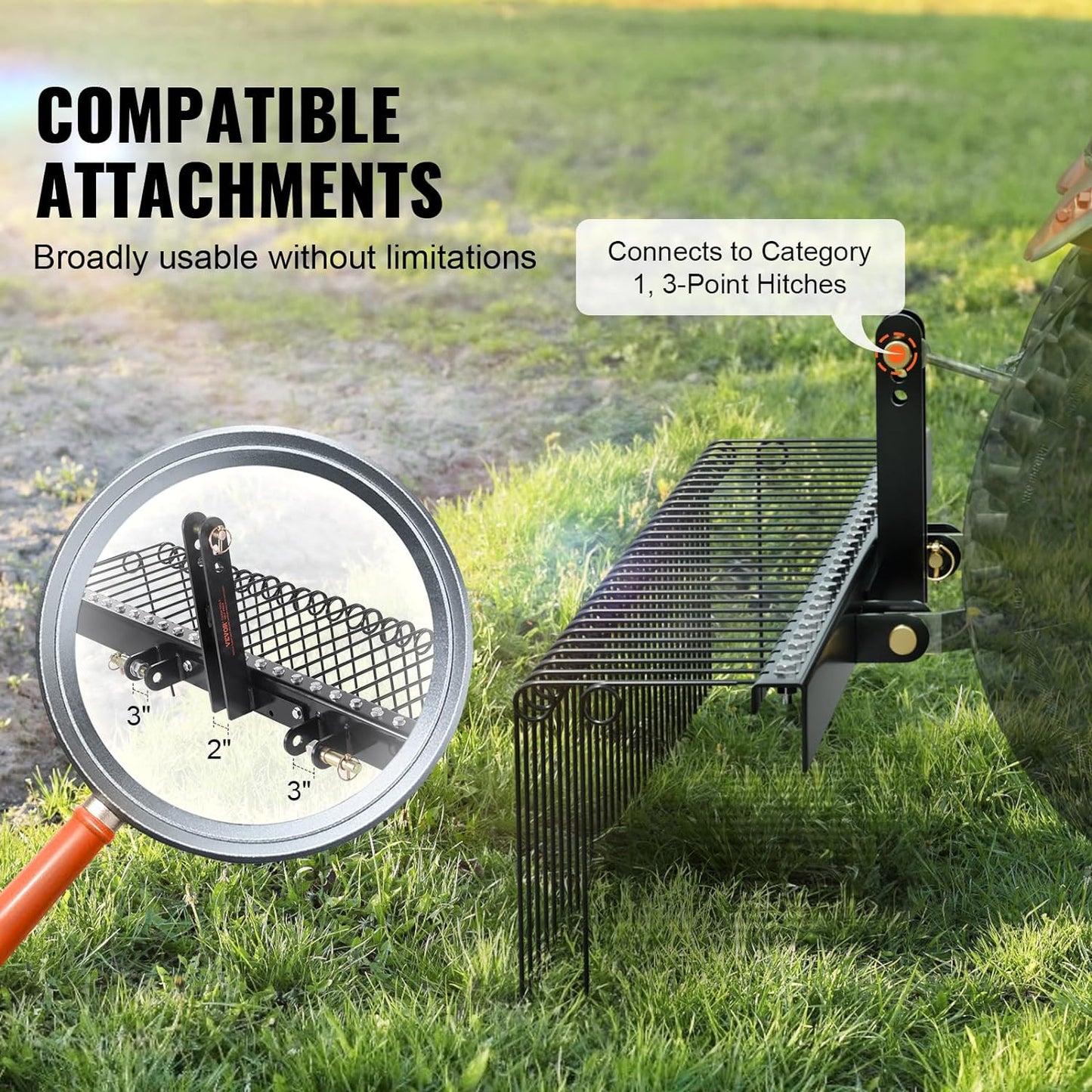 VEVOR Tow Behind Landscape Rake, 60" Tow Dethatcher with 21 Steel Coil Tines, Lawn Dethatcher Rake Attaches to 48" or 60" Toolbars and 3-Point Suspension Systems, for Leaves, Pine Needles, and Grass