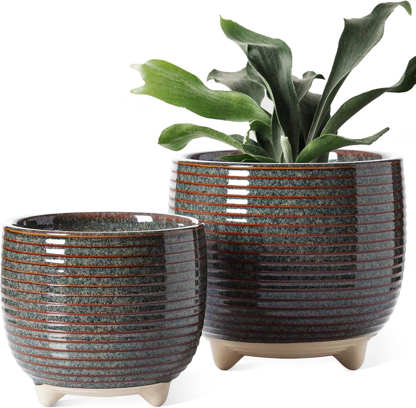 LE TAUCI Ceramic Plant Pots, 5.1 + 6.4 Inch Footed Pots for Plants, Modern Flower Pots for Home and Office, Indoor Planters with Drainage, Reactive Glaze Black