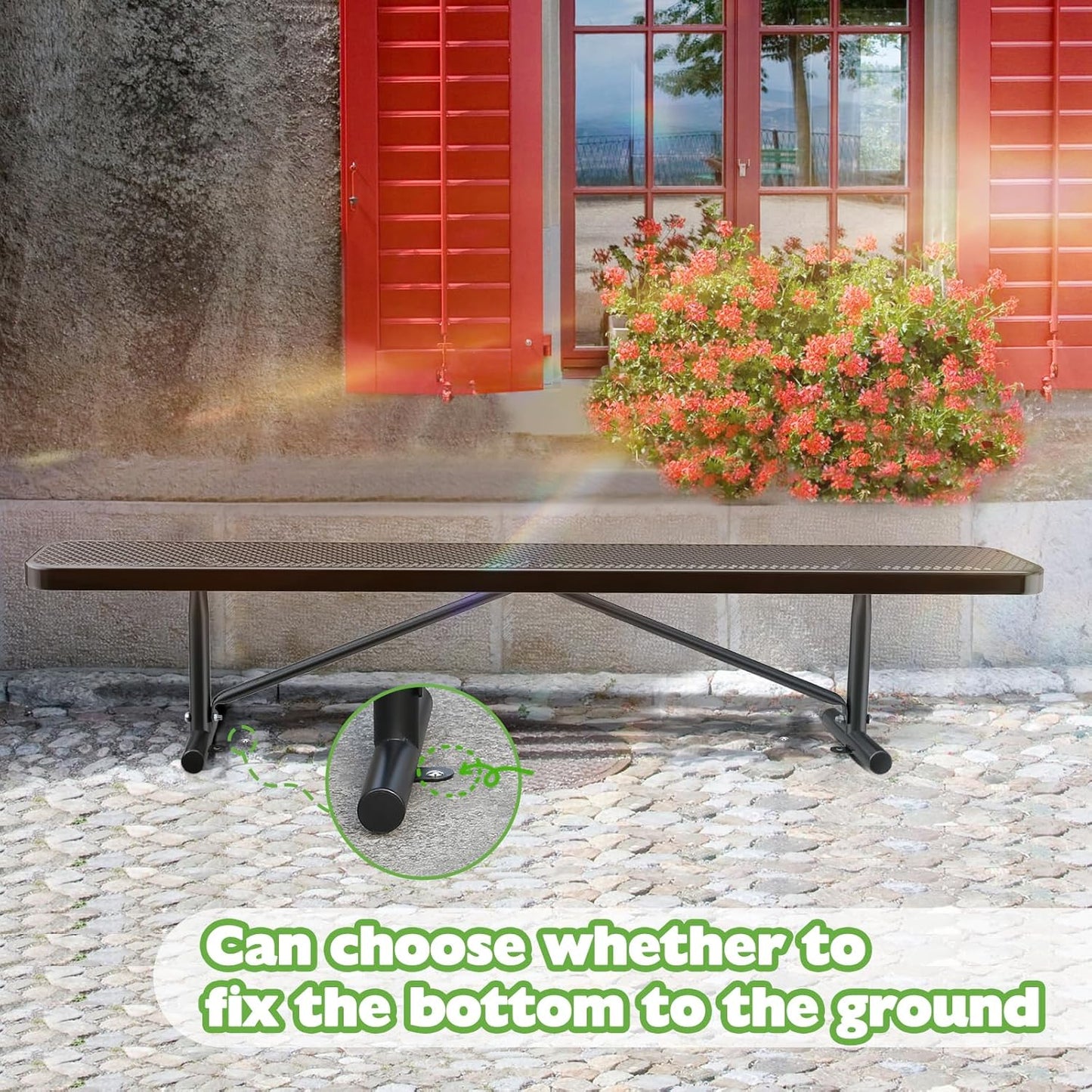 Thermoplastic Coated Iron Park Bench for Outside, Heavy Duty Metal Garden Bench, Expanded Commercial Grade Seating for Shopping Malls, Lawn Yard Porch Entryway (Black without Backrest, 96IN)