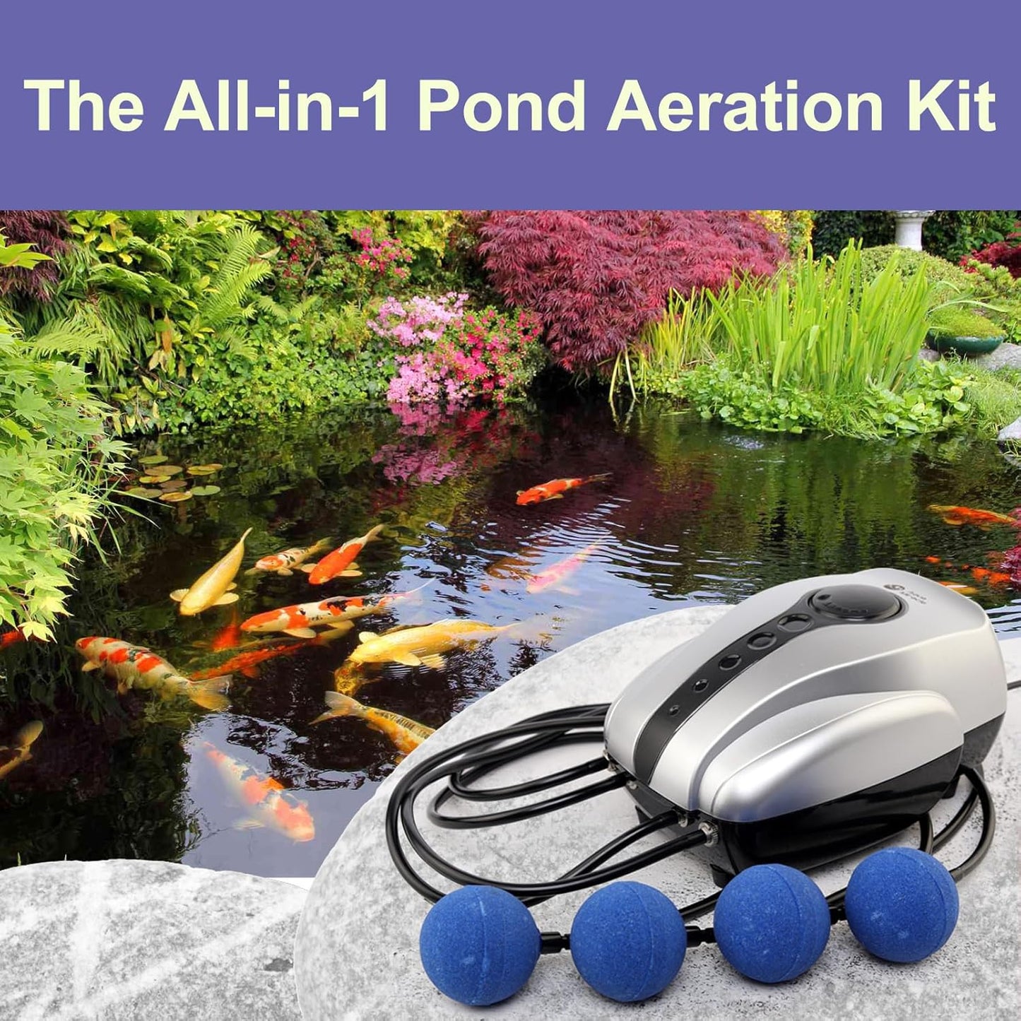 AquaMiracle Koi Pond Aerator for Pond up to 1000 & 2000 Gallons, All-in-One Pond Air Pump Aeration Kit with Air Stones Airline Tubing Check Valves