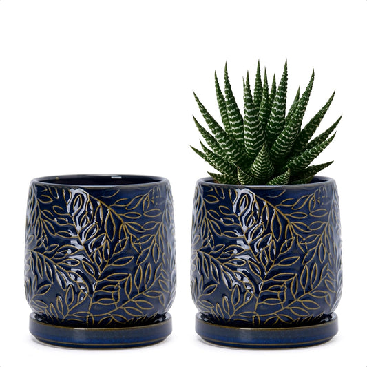 D'vine Dev 4 Inch Embossed Leaves Stoneware Planter Pot with Drainage Hole and Saucer, Midnight Blue, Set of 2, 27-F-Z-3