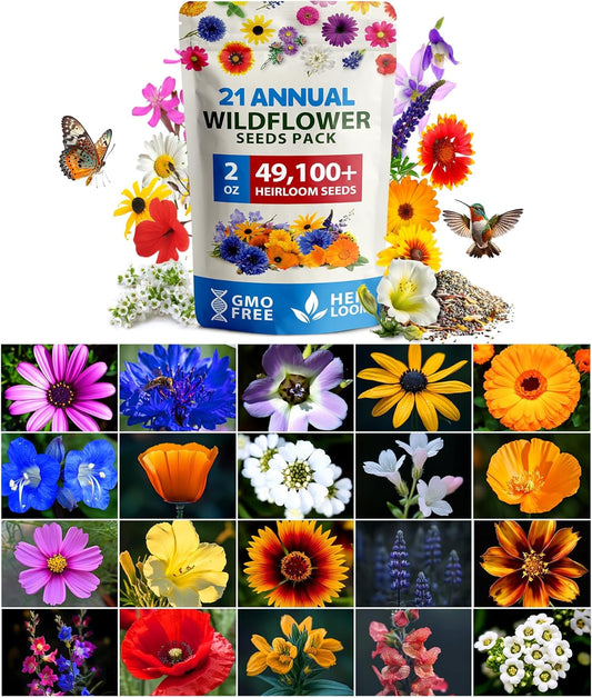 HOME GROWN 𝗨𝗦𝗔 𝗣𝗥𝗘𝗠𝗜𝗨𝗠 Wildflower Seeds Mix - 49,100+ (2oz) Bulk Mix, 21 Varieties Wild Flower - Bee and Butterfly Garden Pack - Native Annual Flowers for Planting for Your Garden