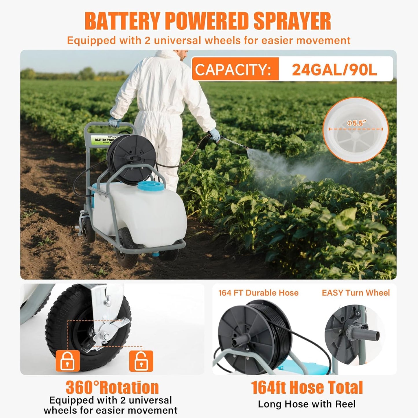 24 Gallon Battery Powered Sprayer with Wheeled Cart,0-90PSI,5-6h Spray Time,164FT Hose with Reel,Adjustable HD Wand and 10 Nozzles, Rotating Wheels with Brake for Lawn & Garden Spraying,Cleaning