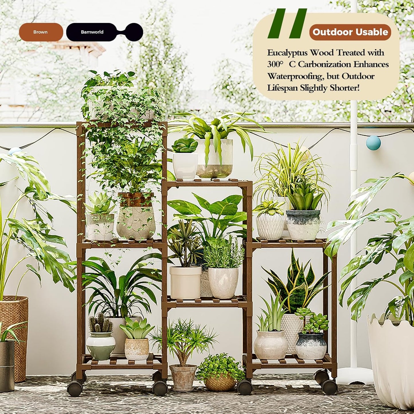 Bamworld Plant Stand with Wheels for Indoor Plants Wood Outdoor Tiered Shelf 3 Tire 7 Potted Ladder Plant Holder Table Pot Stand for Window Garden Balcony Patio Living Room (natureDL)
