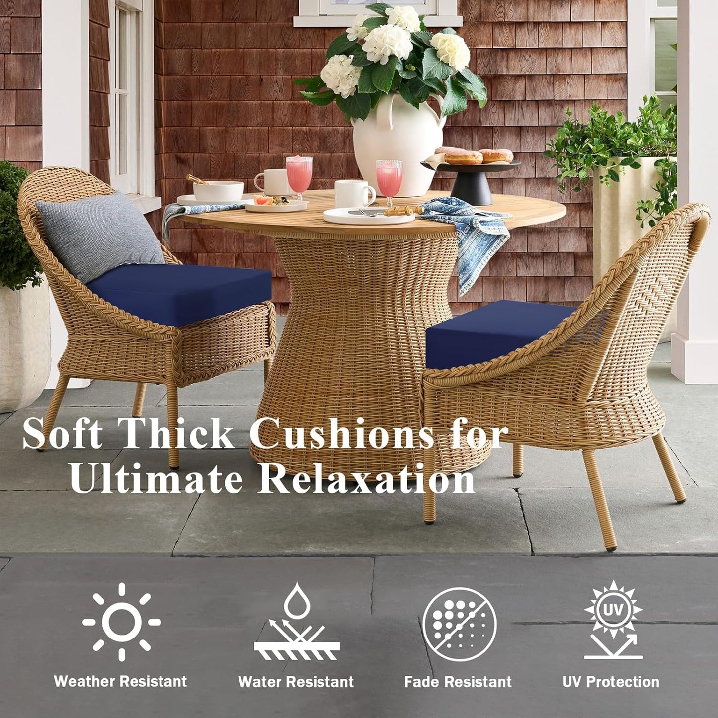Outdoor Chair Cushions Set of 2, Waterproof Foam Patio Seat Cushions with Ties for Garden Sofa & Dining Furniture, 3-Year Color Fastness, 18x18x3 Inch, Blue