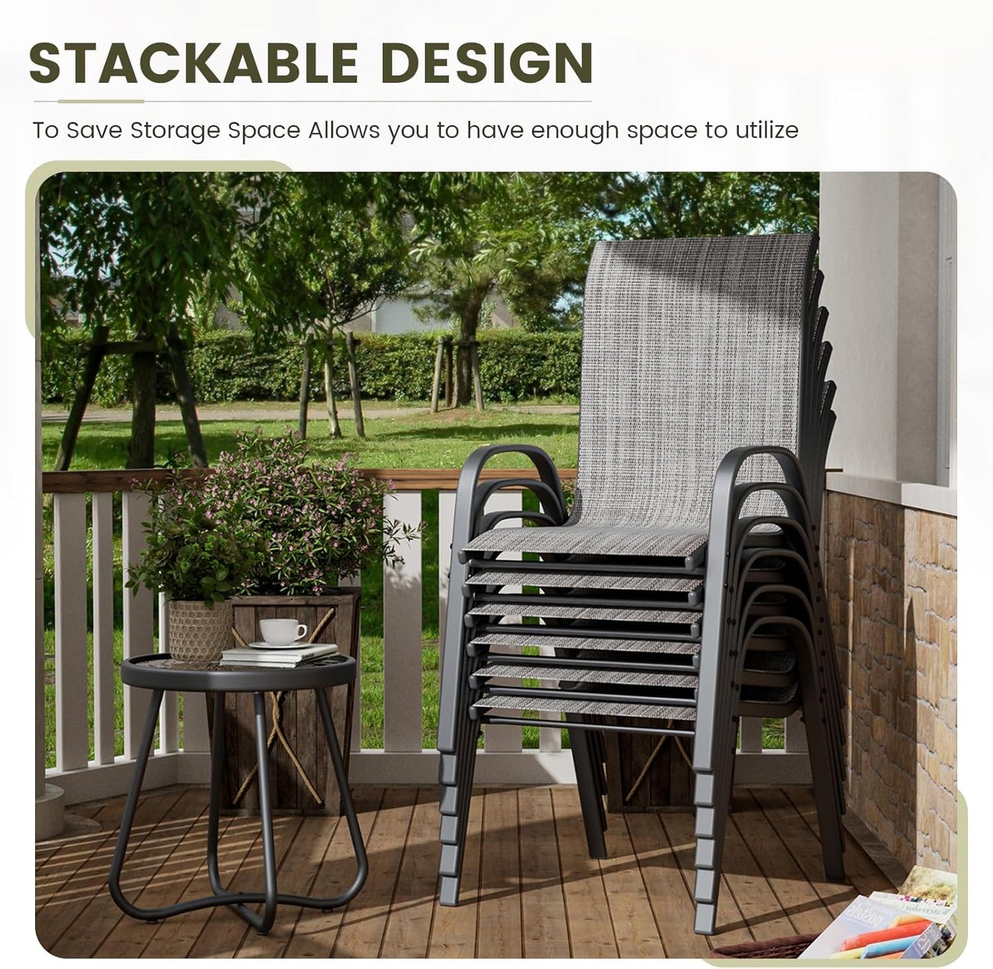 UDPATIO Patio Chairs Set of 6, Stackable Outdoor Dining Chairs with High Back, Breathable Textilene Fabric Outdoor Chair All Weather, 350LBS Capacity for Garden, Backyard (Light Grey)