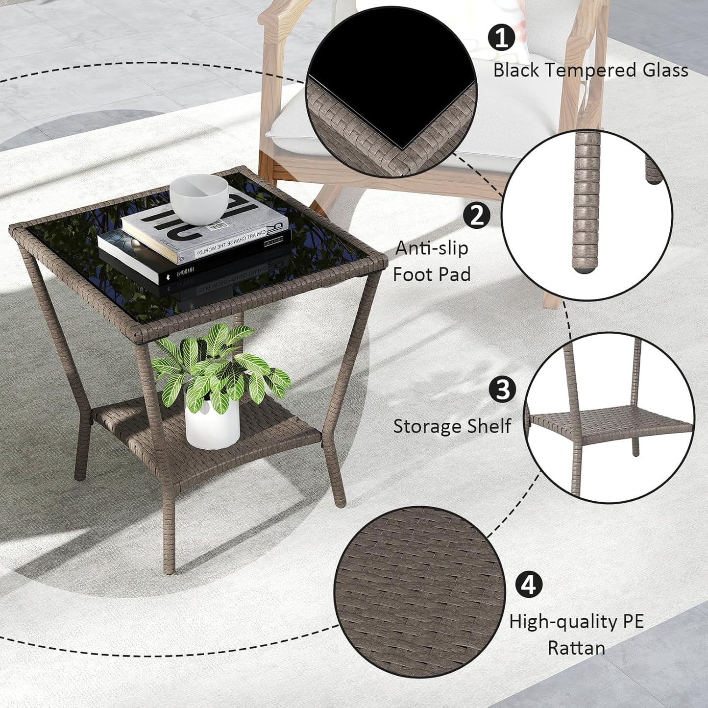 Outdoor Small Patio Table - PE Rattan Coffee Table, Wicker Side Table for Patio, Balcony & Porch, Durable & Iron Frame (2, Sesame Brown)