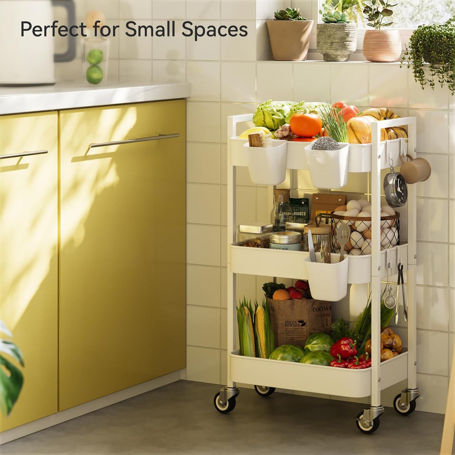 3 Tier Rolling Cart,Utility Cart with Locking Wheels, Hanging Cups,&Hooks, Heavy Duty Metal Storage Organizer Cart for Kitchen,Office, Bathroom,Craft Room,White