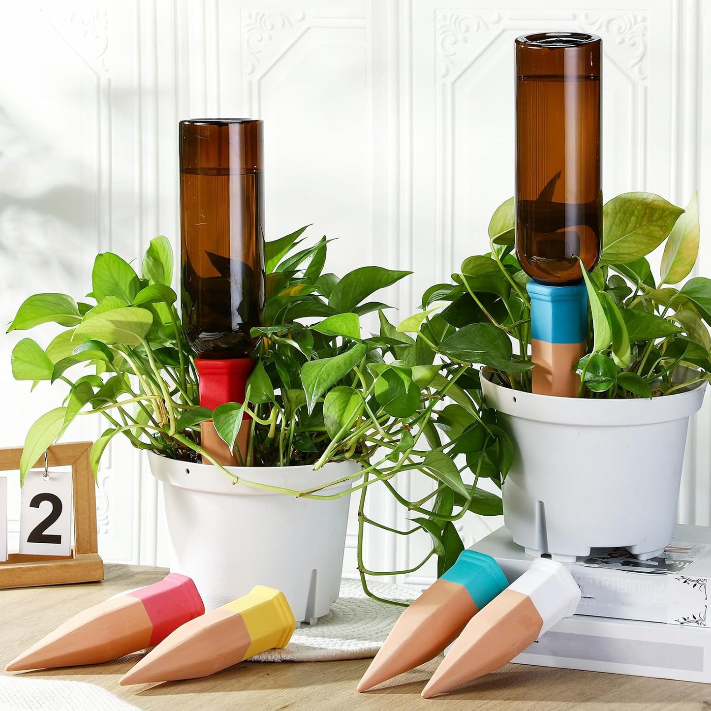 6 Sets Plant Watering Devices Include Terracotta Self Watering Spikes and 26 oz Plastic Bottles, Slow Release Vacation Insert Automatic Plant Waterer Device (Brown and Mixed Color)