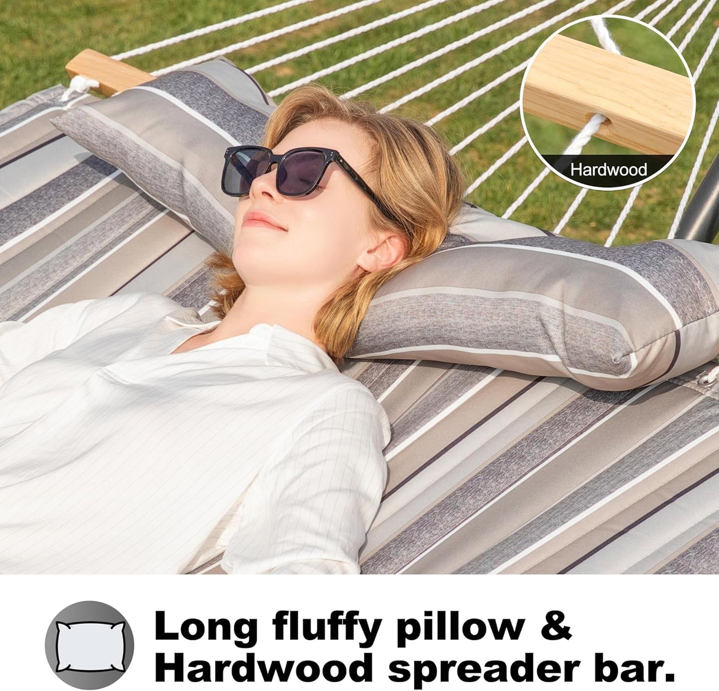 Double Quilted Fabric Tree Hammock with Spreader Bar, 14ft Hammocks 2 Person for Outside, Fits 12ft -14ft Hammock Stand, Pillow & Side Pockets & Carabiners, Max 475 lbs Capacity (Peace Dove)