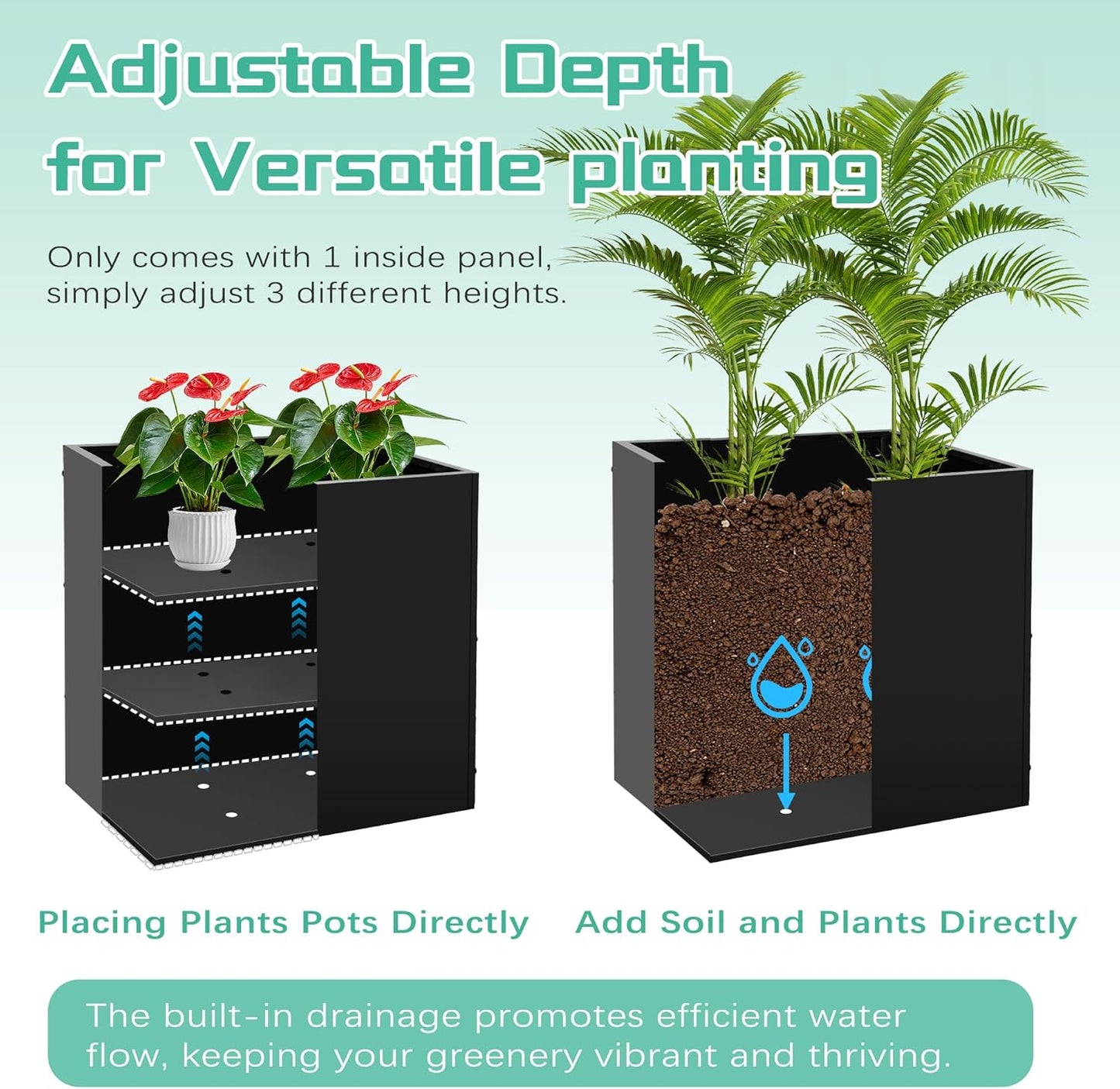 Metal Rectangular Planter Box, Small Planter Boxes Outdoor, 18''L x 18''W x 20''H Heavy Duty Plant Box with Removable Insert Shelf, 3 Tier Adjustable Height Tall Garden Planter for Plants, Flowers