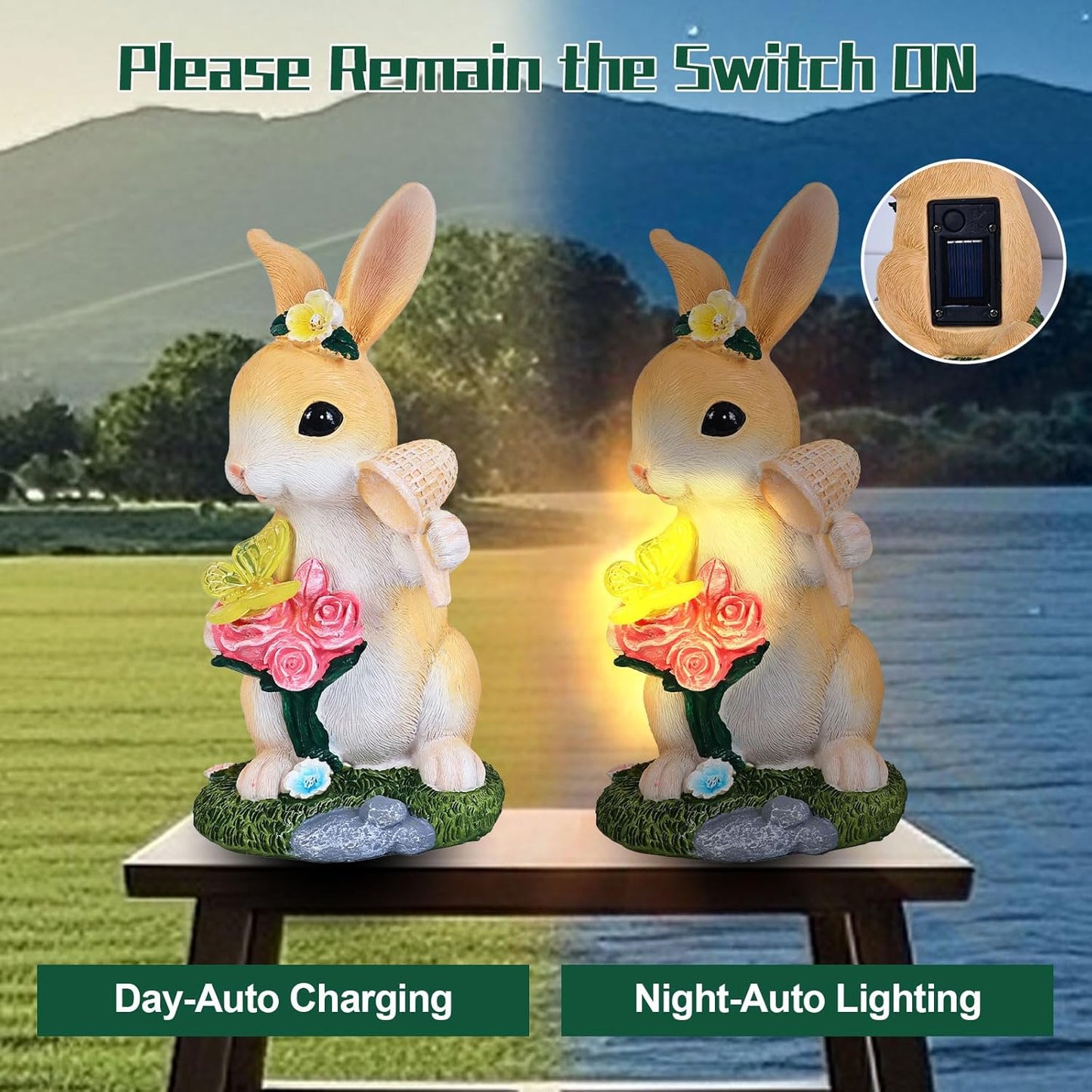 Garden Statues Rabbit with Solar Light,Bunny Outdoor Garden Decor Ornaments for Patio Yard Art,Birthday Easter House Warming Garden Gift for Women Mom,Resin Animal Figurine with Wider Base