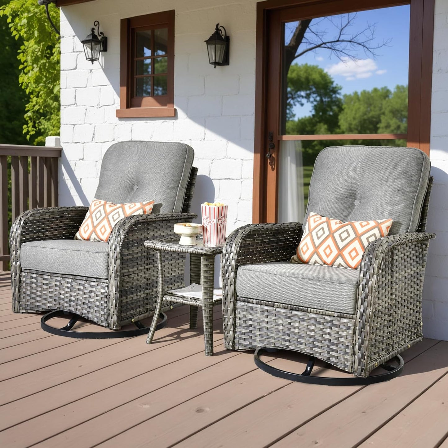 HOOOWOOO Patio Furniture Set,3 Pieces Outdoor Conversation Set,All Weather Wicker High Back Swivel Chairs Bistro Set with Side Table,Dark Gray