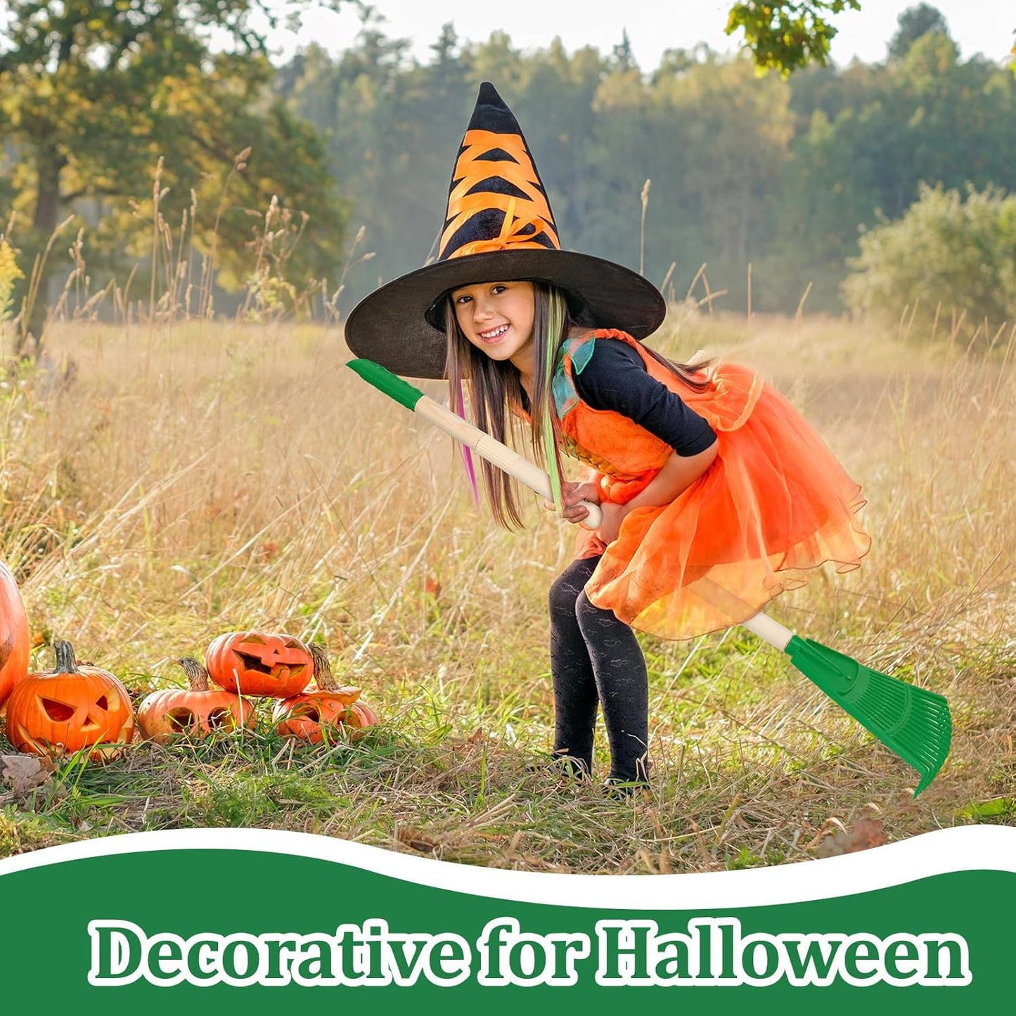 Therwen 8 Pcs Kids Rake 31" Child Size Plastic Lawn Rakes for Leaves Small Rake with Plastic Head and Wooden Handle Toddler Kid Gardening Tools for Leaves Gardening Camping(Green)