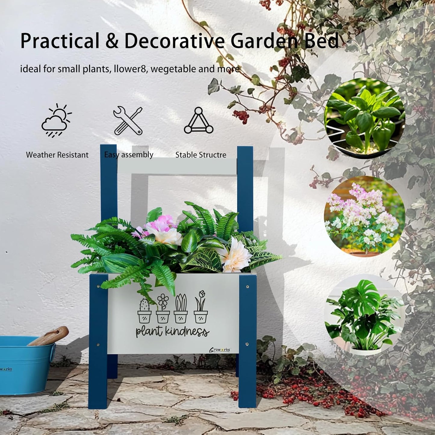 Raised Garden Bed with Trellis Elevated Planter Box with Legs, Drainage Holes for Outdoor Garden, Patio, Natural Wood 17.7”L x 16.1”W x27.6”H (Blue)