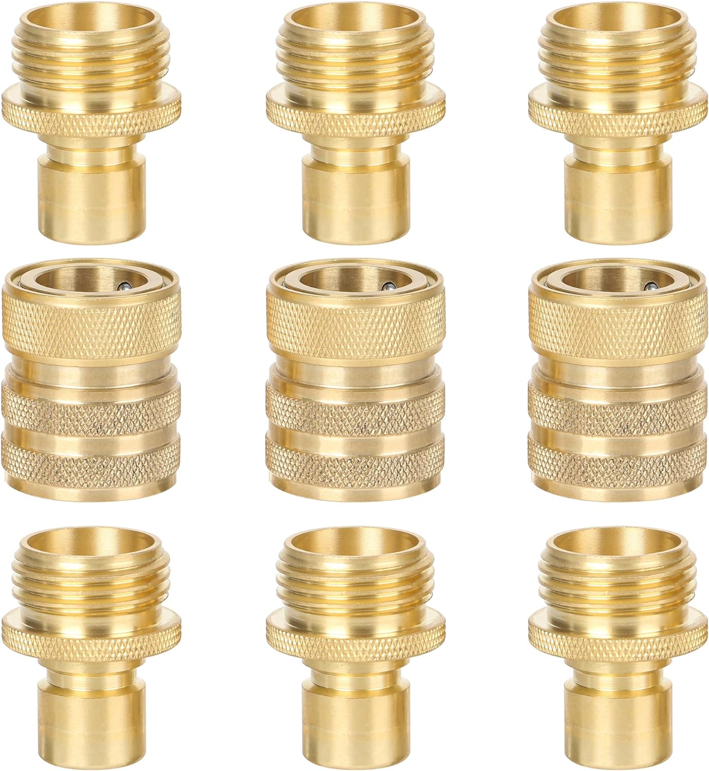 STYDDI Brass Garden Hose Quick Connect Fittings with Water Stop, Solid Brass Hose Quick-Connect Fittings with Auto Shut-off, 3/4 Inch GHT Thread Garden Hose Quick Connector Adapters, 3 Female + 6 Male