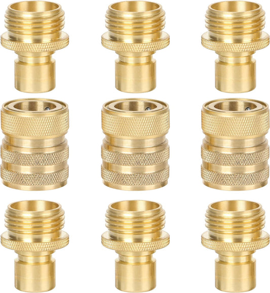STYDDI Brass Garden Hose Quick Connect Fittings with Water Stop, Solid Brass Hose Quick-Connect Fittings with Auto Shut-off, 3/4 Inch GHT Thread Garden Hose Quick Connector Adapters, 3 Female + 6 Male