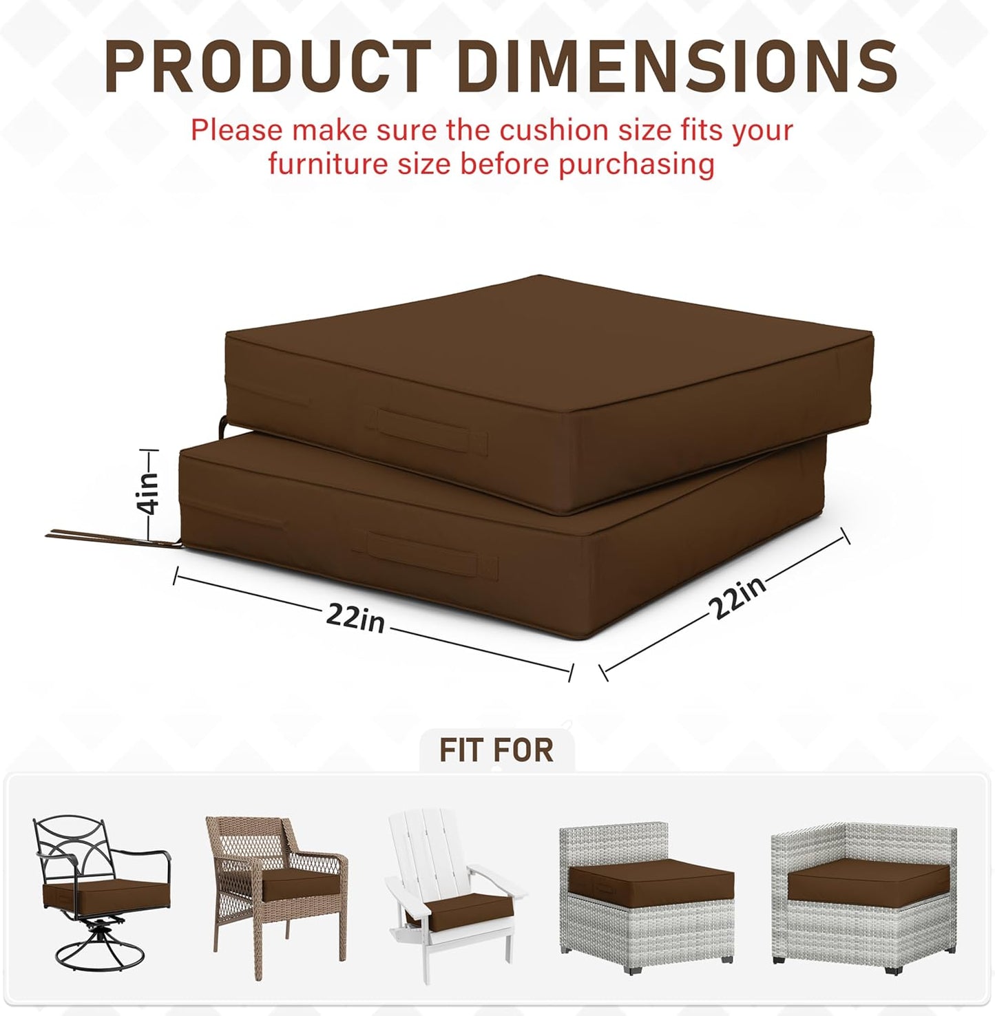 Patio Chair Cushions 22 X 22 X 4 Inch Waterproof Outdoor Seat Cushions for Patio Furniture, Outdoor Sofa Couch Pads with Ties & Handle, Set of 2, Chocolate