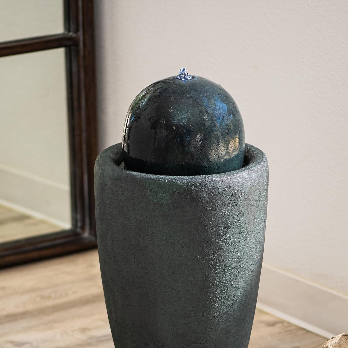 XBrand 25.98" H Round Stone Indoor/Outdoor Modern Stone Textured Sphere Water Fountain w/LED Lights, Ball Fountain Decor, Dark Green