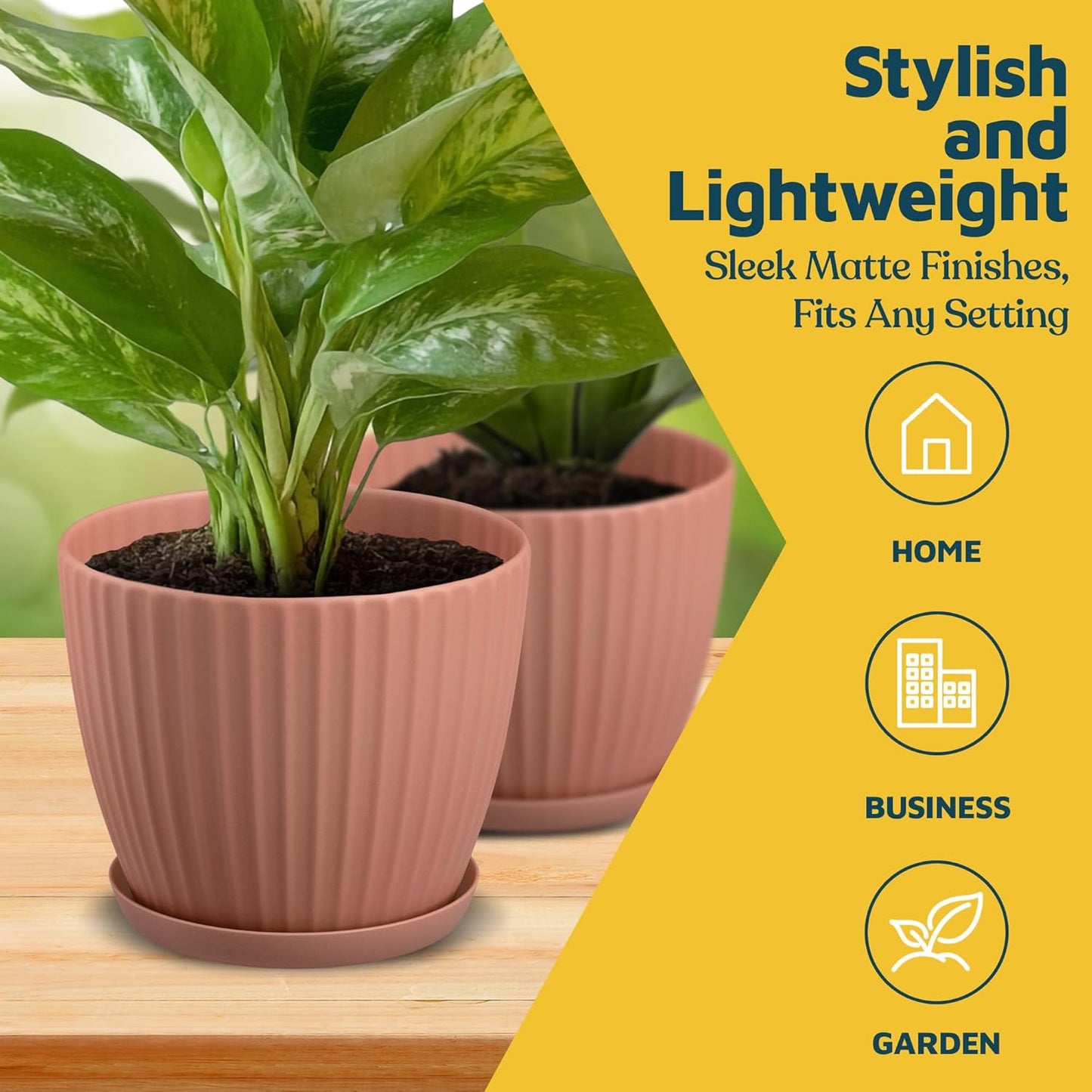 Pink 6-Inch Plant Pots with Drainage & Saucers 18 Pack, Indoor & Outdoor Planters for Houseplants, Herbs, and Flowers, Durable & Weatherproof Material, Stackable, Lightweight, Minimalist Design