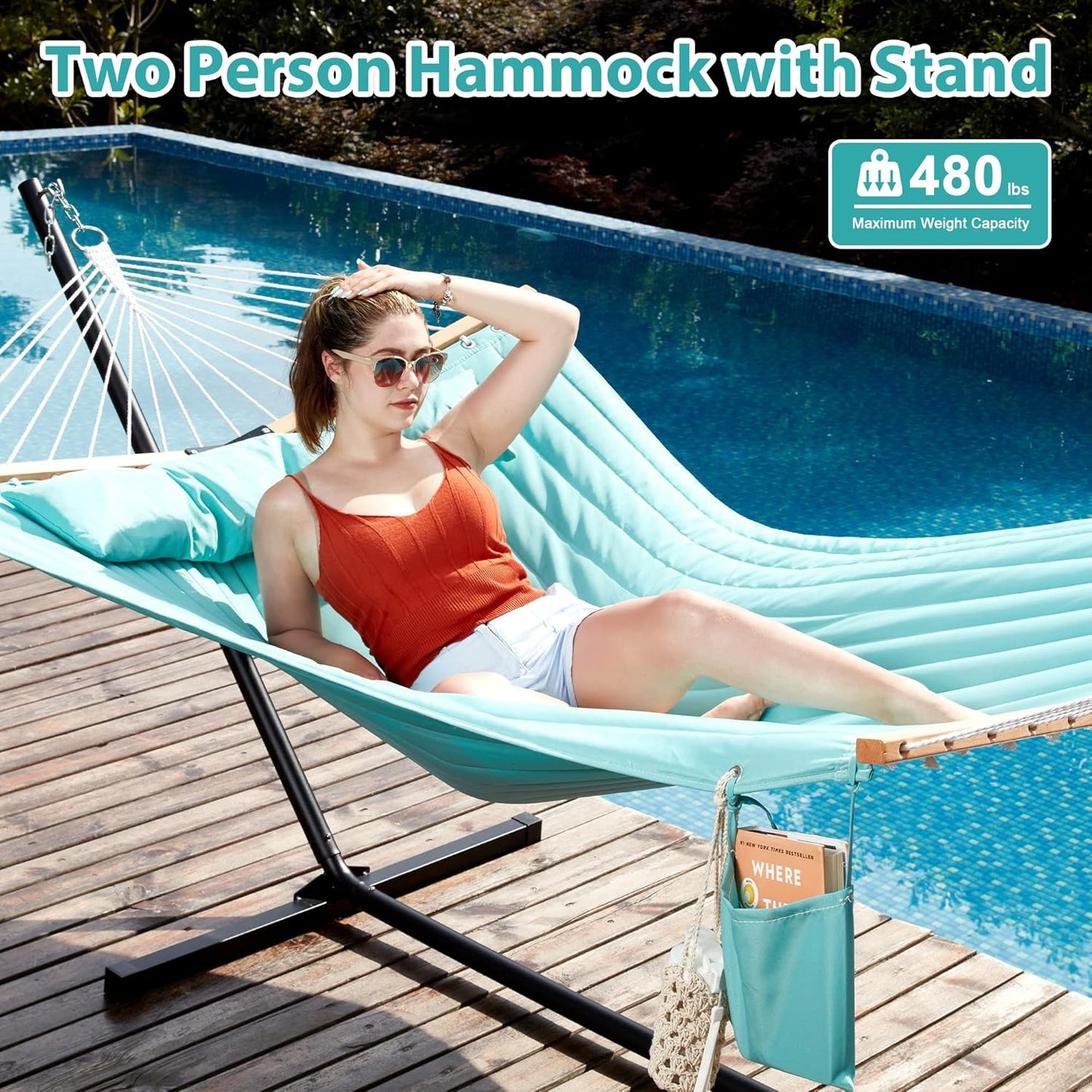 Two Person Hammock with Stand Heavy Duty, Outdoor Patio Hammock with Portable Steel Stand, Large Double Hammocks,480lbs Capacity.(Aruba)